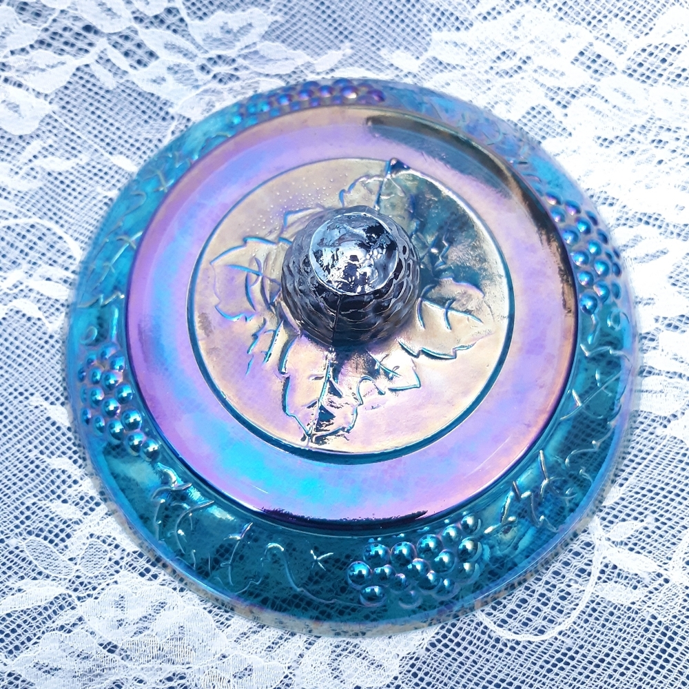 Indiana Blue Iridescent Carnival Glass Pedestal Compote Harvest Grape Purple Lid - Picture 14 of 16